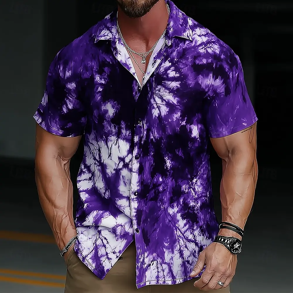 Men's Hippie Gradient Tie Dye 3D Print Shirt Turndown Collared Short Sleeve Button Up Blue Purple Green for Spring & Summer