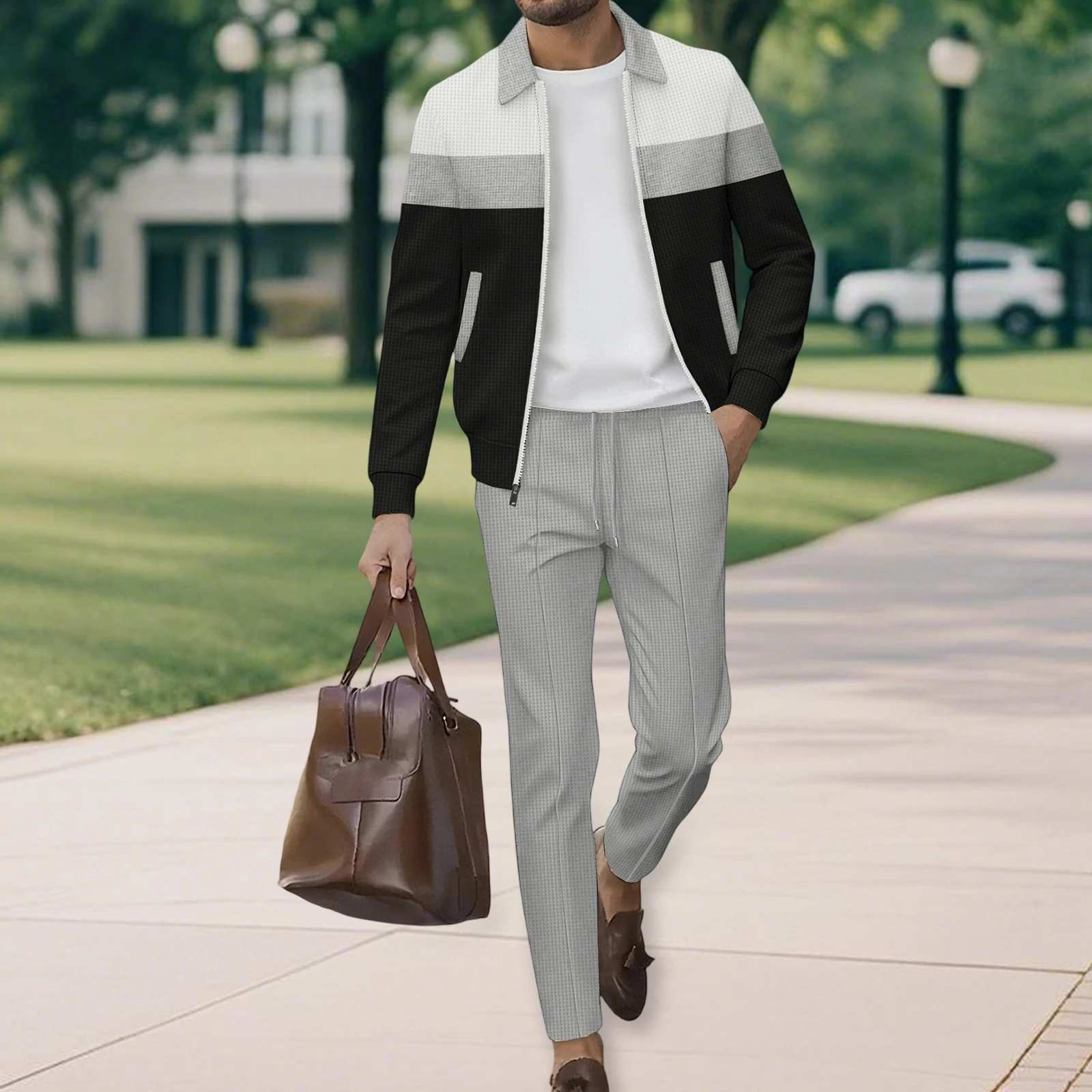 Men's Leisure Suits Stylish Contrast Color Zip Up Collared Long Sleeve Jacket and Pants 2 Pcs Set for Fall