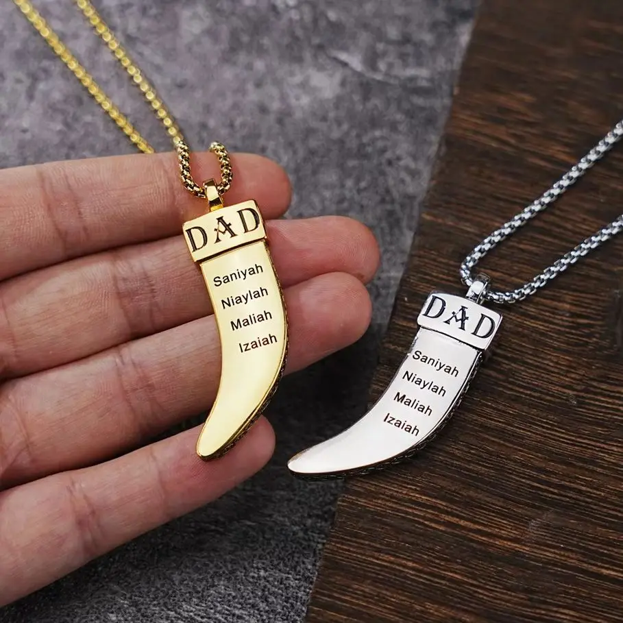 Personalized Engraved 18k Gold Plated Stainless Steel Tusk Pendant Necklace with Multiple Names Father's Day Gift for Men