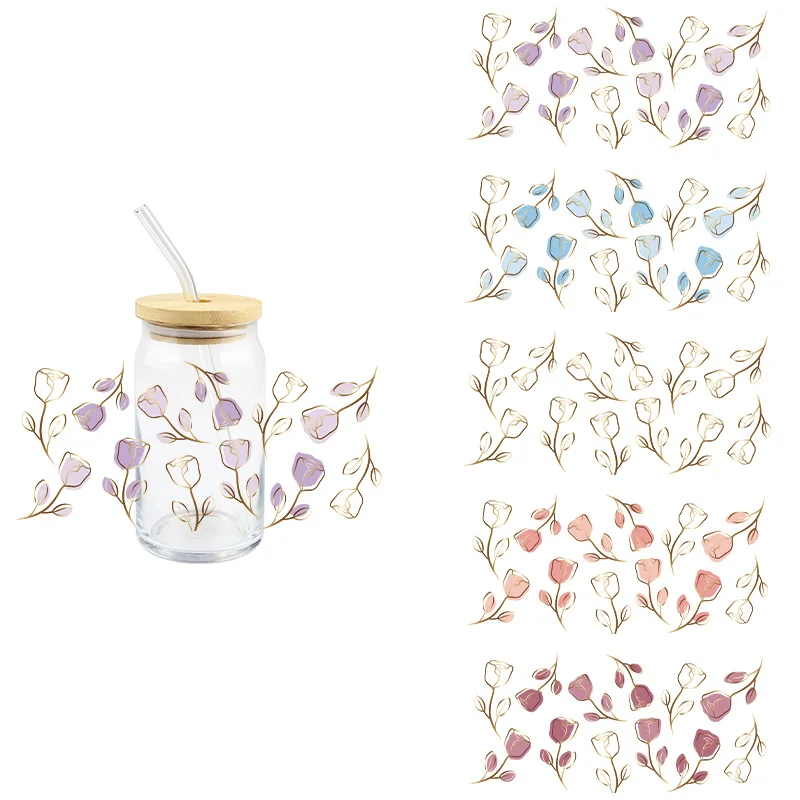 Color Rose Flowers UV DTF Wrap Transfer Stickers 3D Colorful Design DTF Wrap For 16OZ Glasses Cups Mugs Decal
