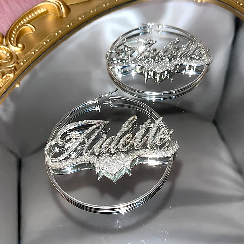 Custom Frosted Name Round Earrings Stainless Steel Personalized Customize Shiny Rhinestone Earring Women Jewelry Present New