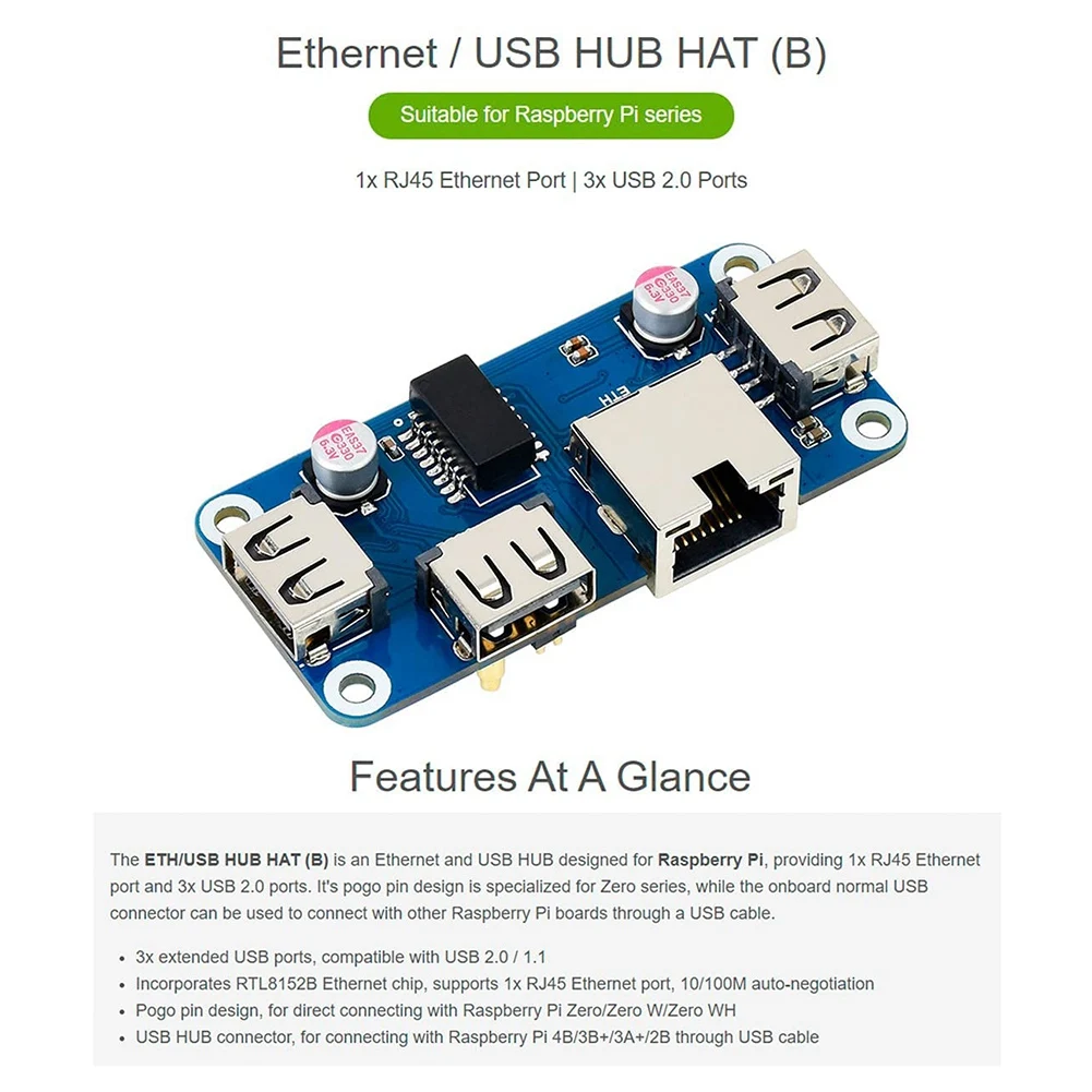 Ethernet/USB HUB HAT(B) Para Raspberry Pi 4B/3B +/3A +/2B/Zero con cero WH, con 1 puerto Ethernet RJ45