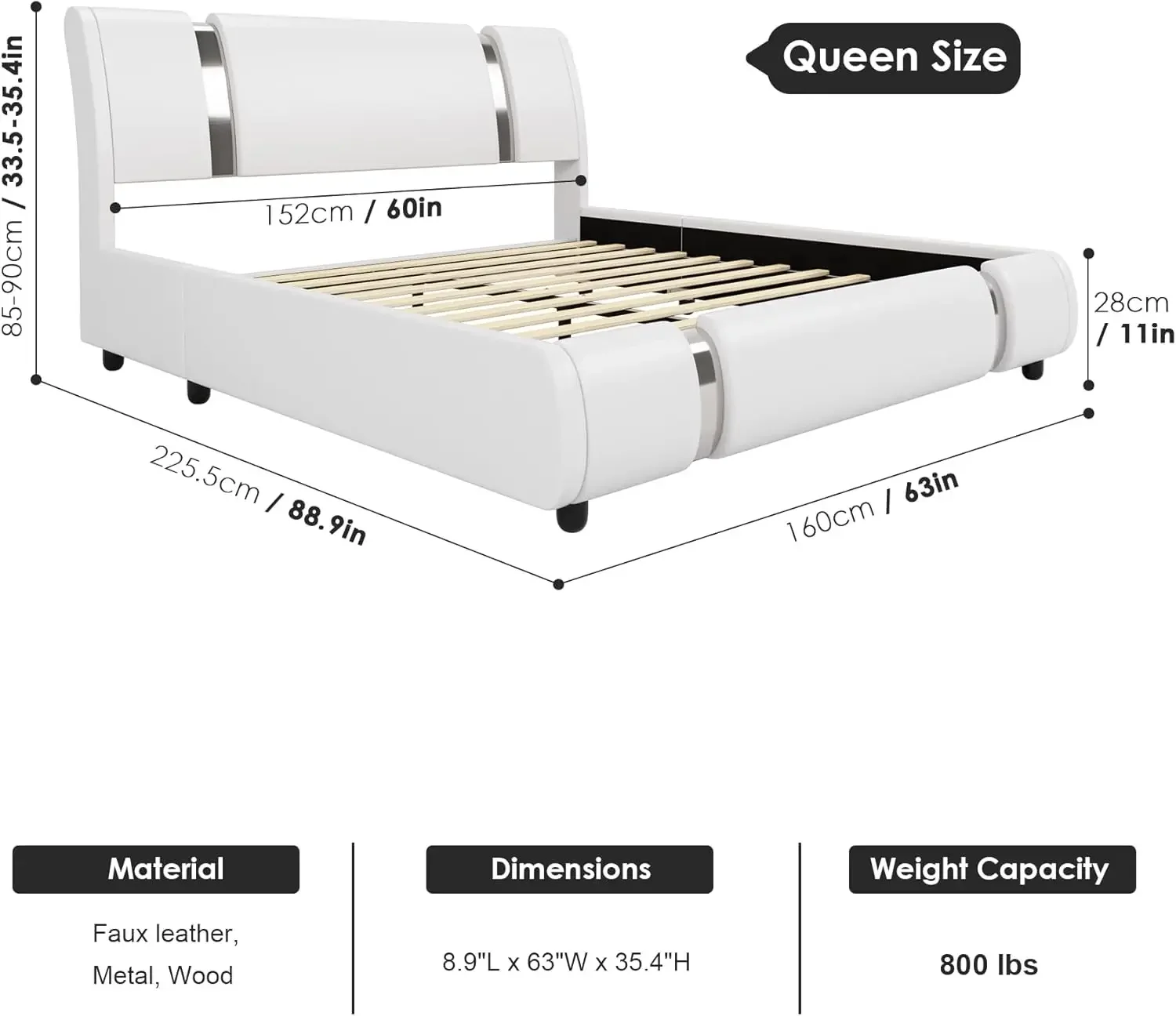 Modern Faux Leather Upholstered Platform Bed Frame with Iron Metal Decor, Adjustable Curved Headboard, Wooden Slats