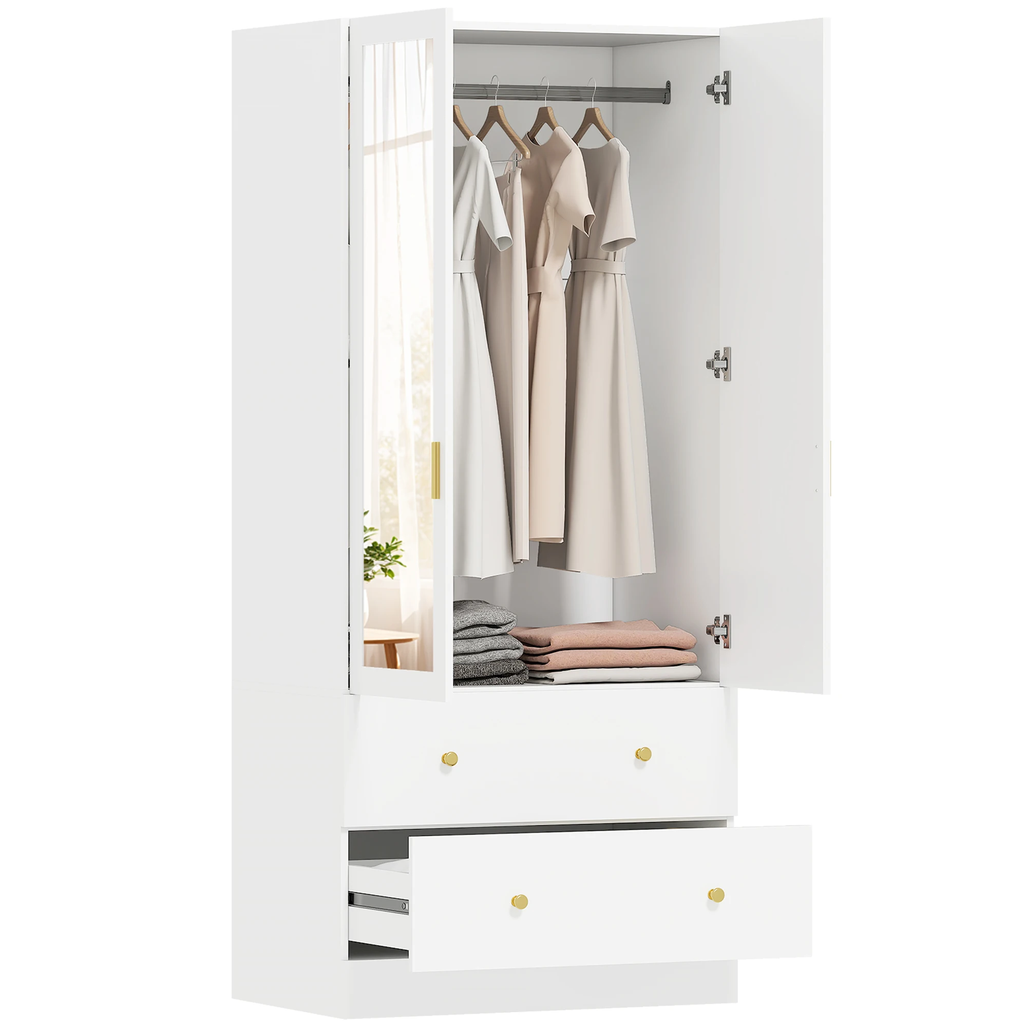 HOMCOM Armario Dormitorio 2 Puertas y 2 Cajones, Armario Ropero con Espejo, Barra para Colgar, Estilo Moderno, 80x50x180 cm