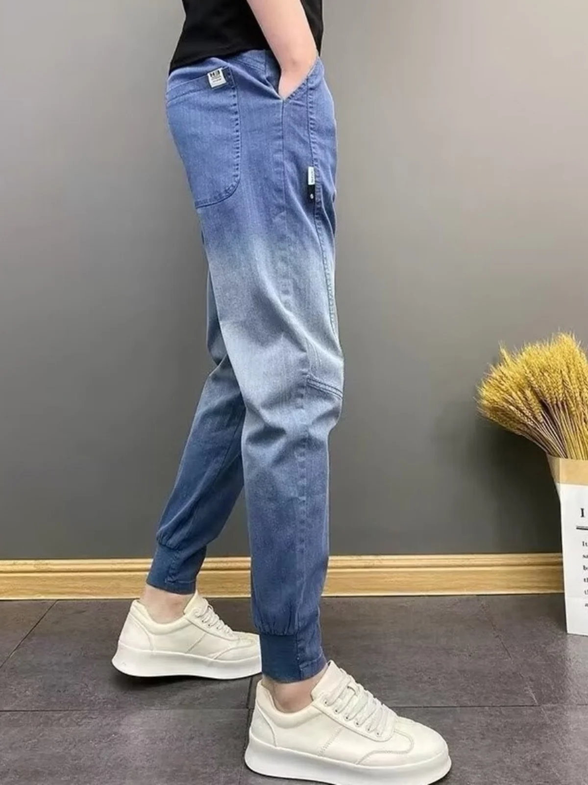 트렌디한 그라데이션 캐주얼 청바지 남성용 청소년 루즈핏 롱 팬츠 가을 착용 편안한 착용감 내구성 있는 스톤 워시 염색