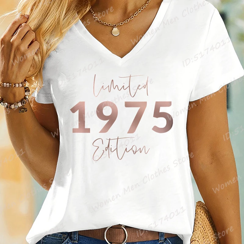 Vintage 1975 Limited Edition Print T-shirts For Women 70th Birthday Gifts Summer V-Neck Short Sleeve Tees Fashion Women T-shirts