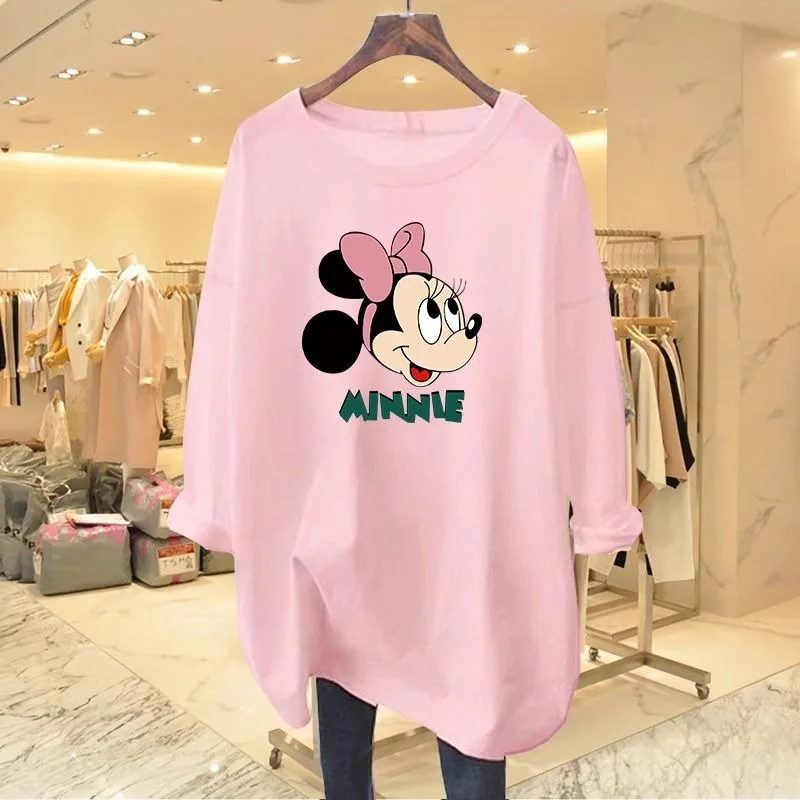 

Women's 100% Cotton Mickey Long Sleeve Tee Plus Size Fall Winter Midi Length Loose Slim Fit Tops For 200Lbs ladies clothes