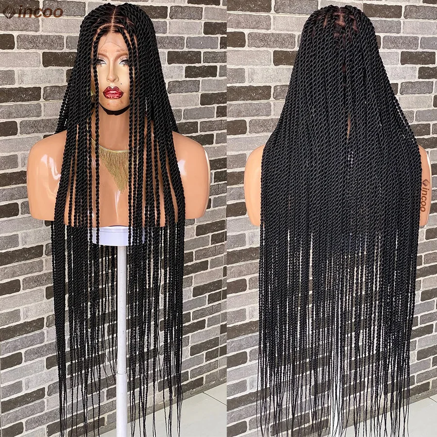 طويل السنغالية تويست الضفائر كامل الدانتيل شعر مستعار مضفر للنساء السود Locs آلهة الاصطناعية Knotless صندوق الضفائر العاطفة تويست شعر مستعار