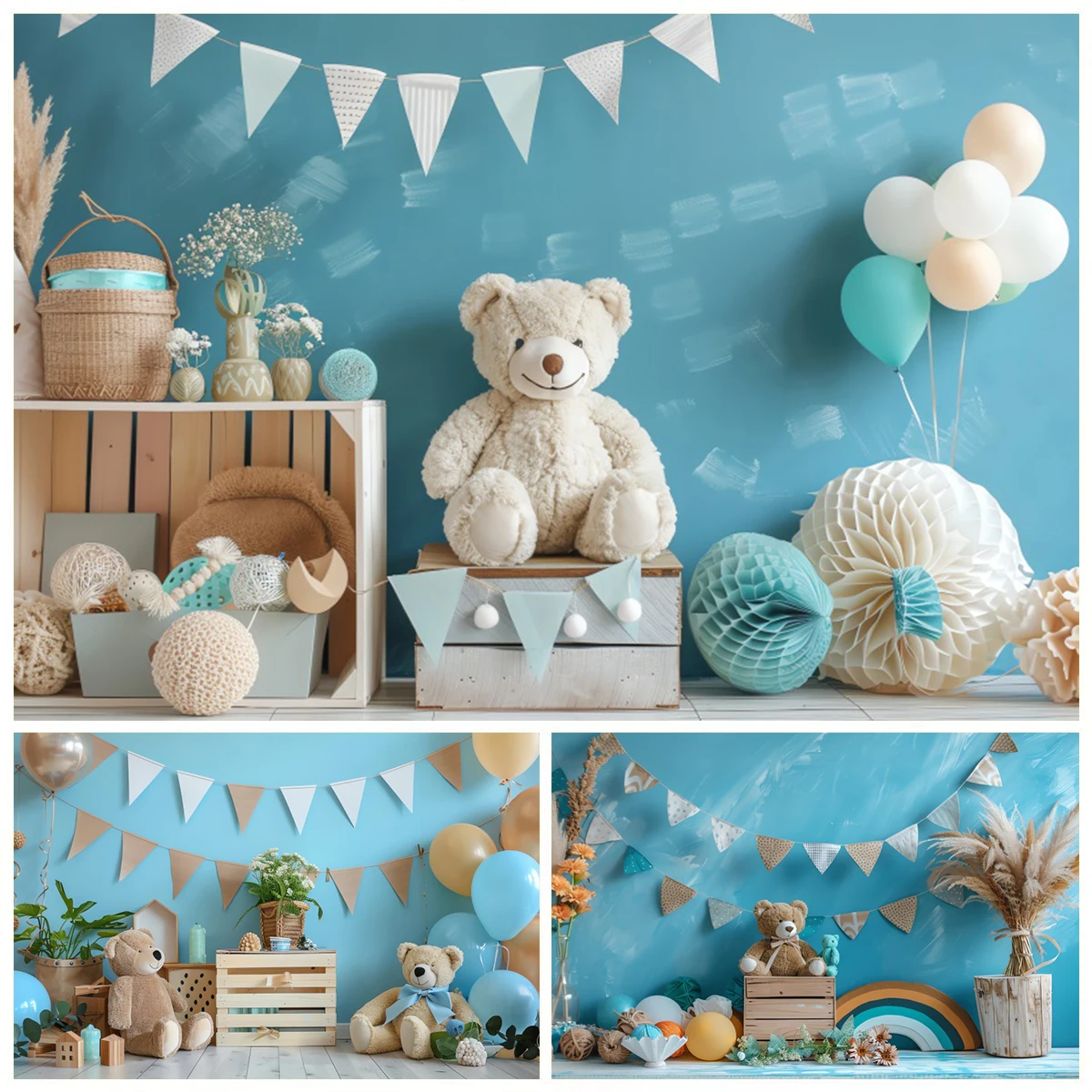 

Newborn Baby Shower Birthday Photography Backdrop Toy Bear Balloons Blue Wall Kids Birthday Party Background Decor Photo Studio