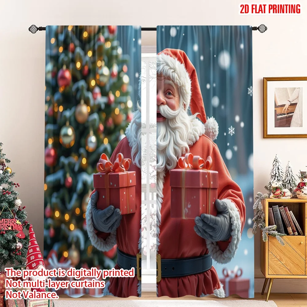 

2pcs 2D flat printing Christmas Window Curtains Santa Claus Gifts Christmas Tree 100% Polyester Fabric Without Electricity Party