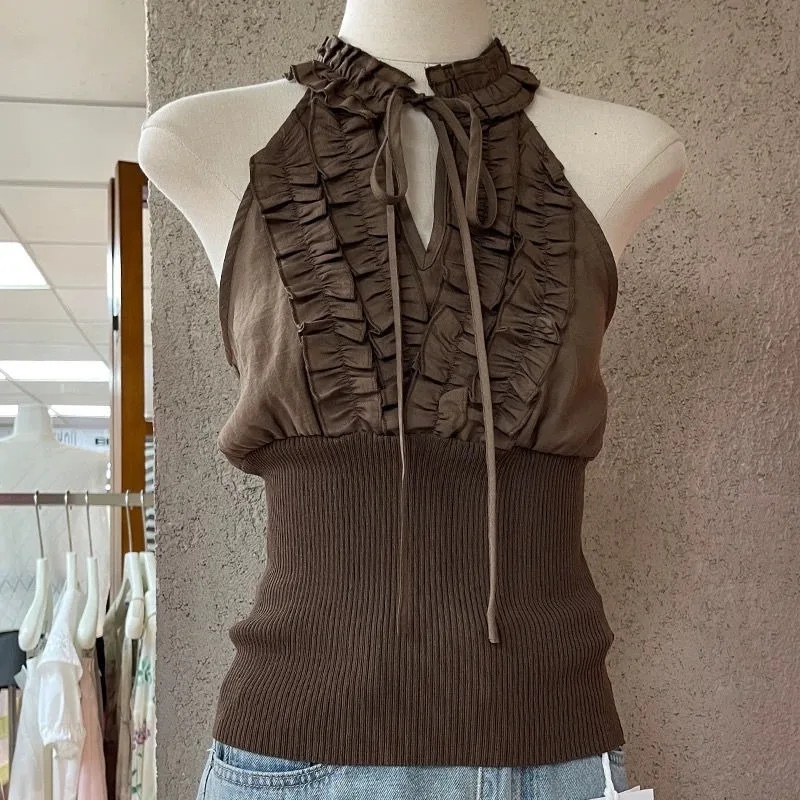 

Vintage Ruffles Women's Fashion Lace Up Sleeveless Tops Summer Elegant Slim Solid Color Elastic Tanks