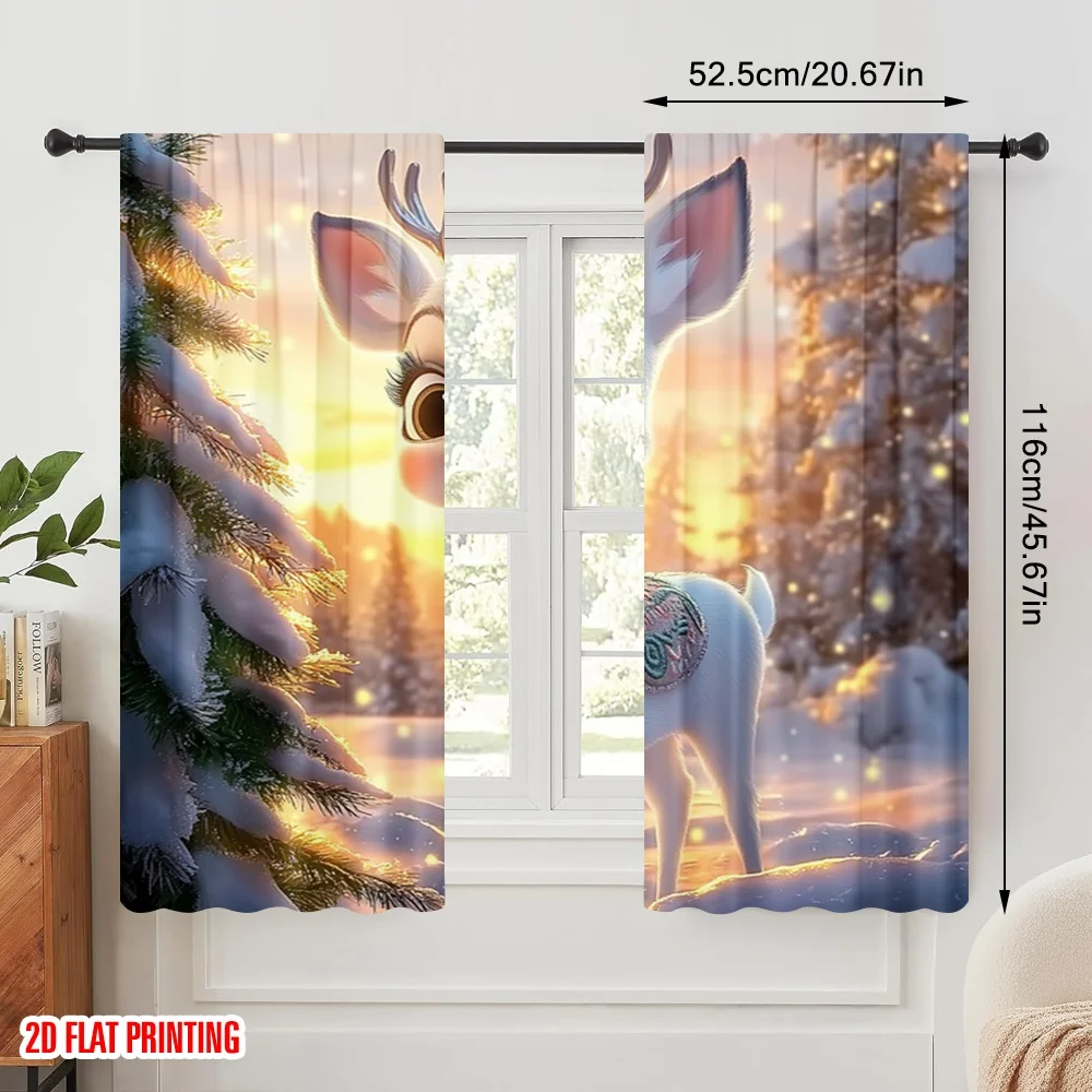 2pcs,2D plane printing Curtains Digital Printed Cute Christmas Reindeer Snow Scene Polyester Woven (without rod) Festive Ldeal