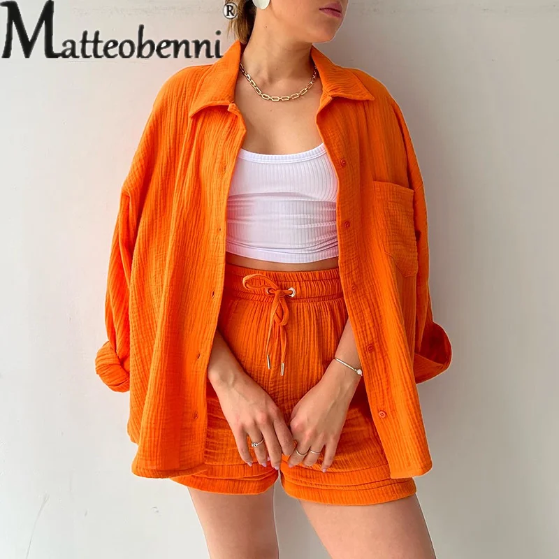 

Fashion Crinkle Fabric Female Suit Lapel Cardigan Long Sleeves Shirt High Waist Drawstring Lace-up Shorts Women's Sets Two-piece