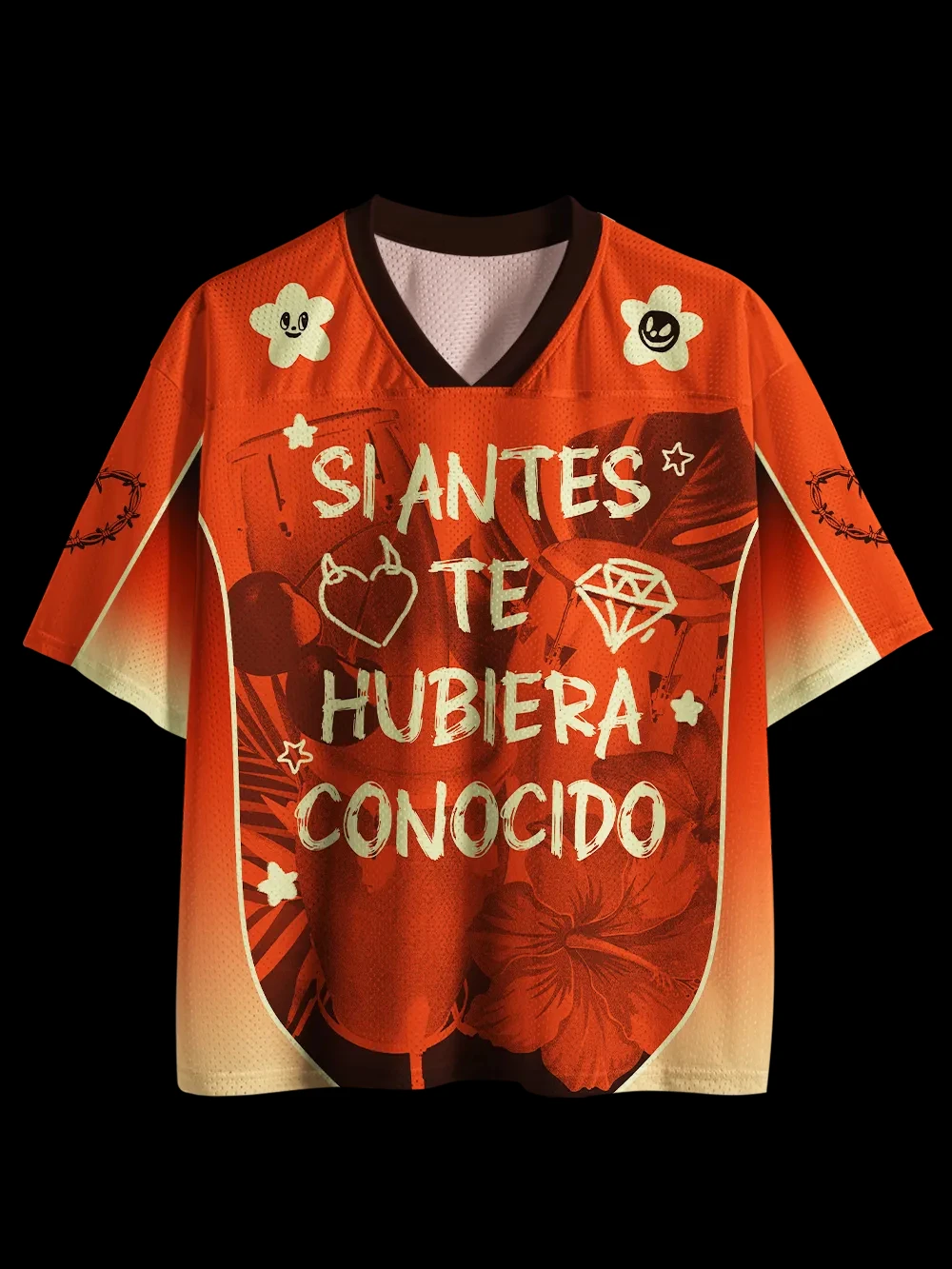 Trending Y2K Street Jersey V‑Neck Mesh Tropical Floral Latino Graffiti Motif 07 Graphic Short Sleeve Tee