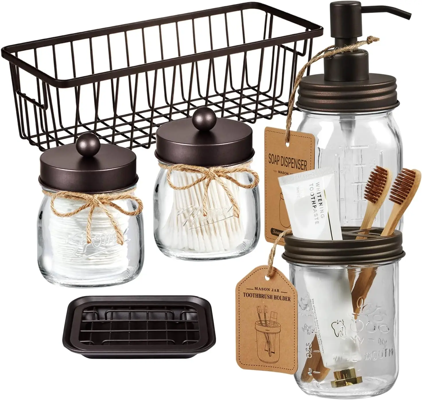 

6-Piece Rustic Farmhouse Bathroom Set: Toothbrush Holder, Soap Dispenser, Mason Jars, Dish, Toilet Paper Basket in Brown