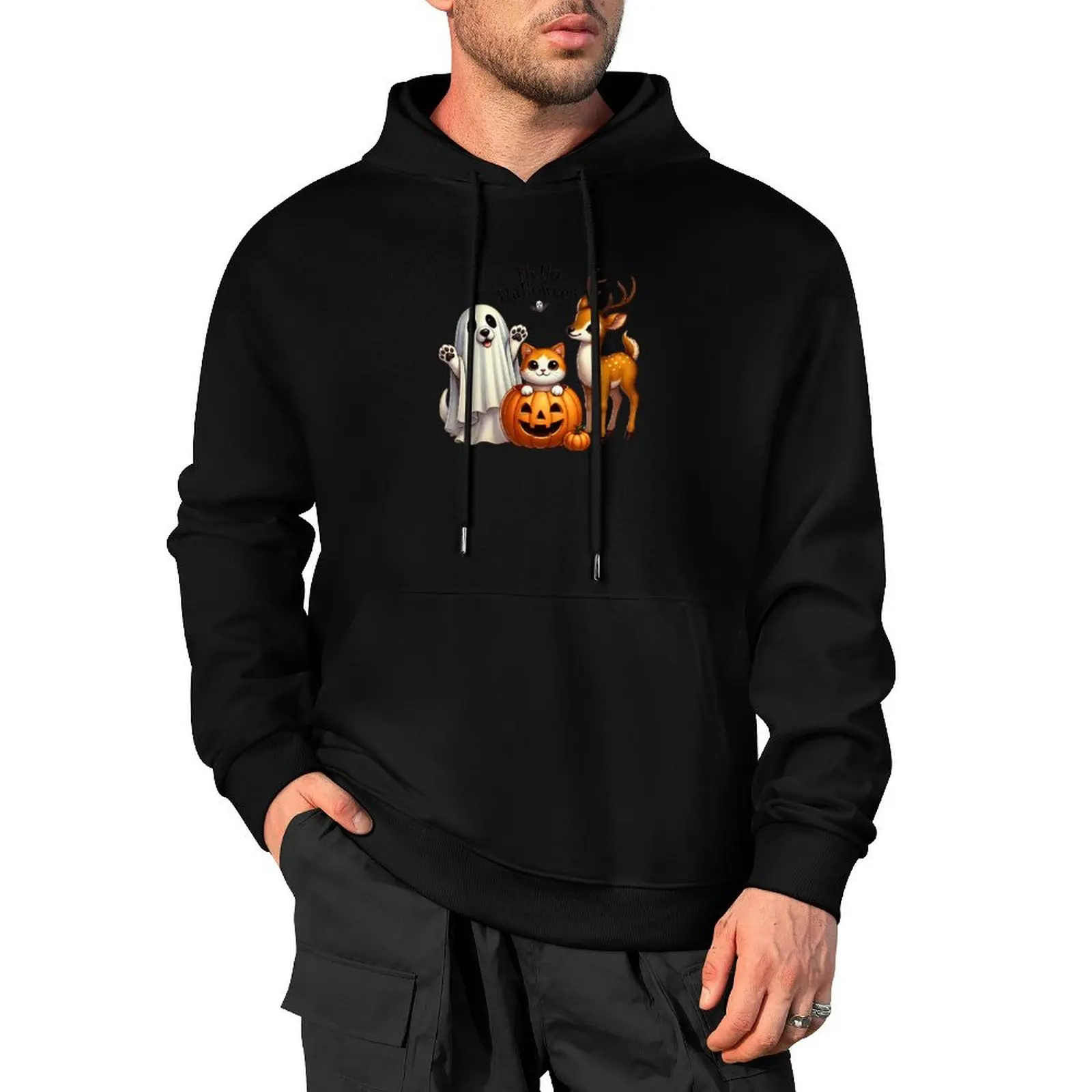 Cute Halloween Trio: Ghost Dog, Pumpkin Cat & Deer Delight Pullover Hoodie men clothes anime clothing streetwear men hoodie