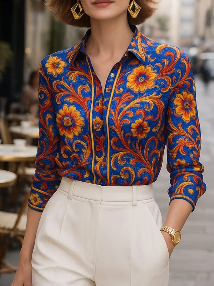 

Yeezzi Women's Retro Boho Floral Printed Long Sleeves Blouse 2025 Urban Elegant Office Commuter Lapel Shirts Tops Female Clothes