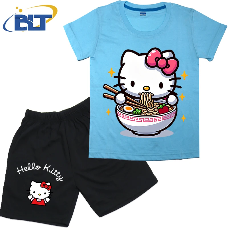 Hello Kitty eating noodles print kids T-shirt set pure cotton short-sleeved shorts 2-piece set for girls