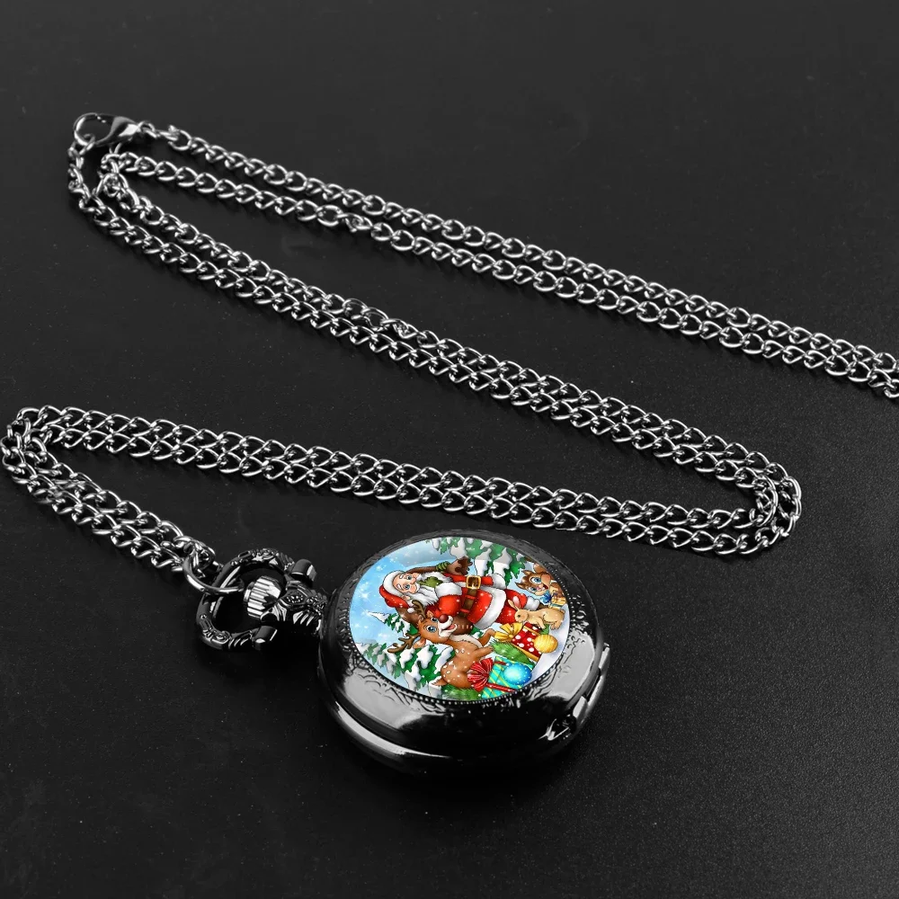 Merry Christmas Santa Claus Glass Dome Quartz Pocket Watch With Durable Chain Arabic Numeral Dial Extraordinary Gifts for Kids