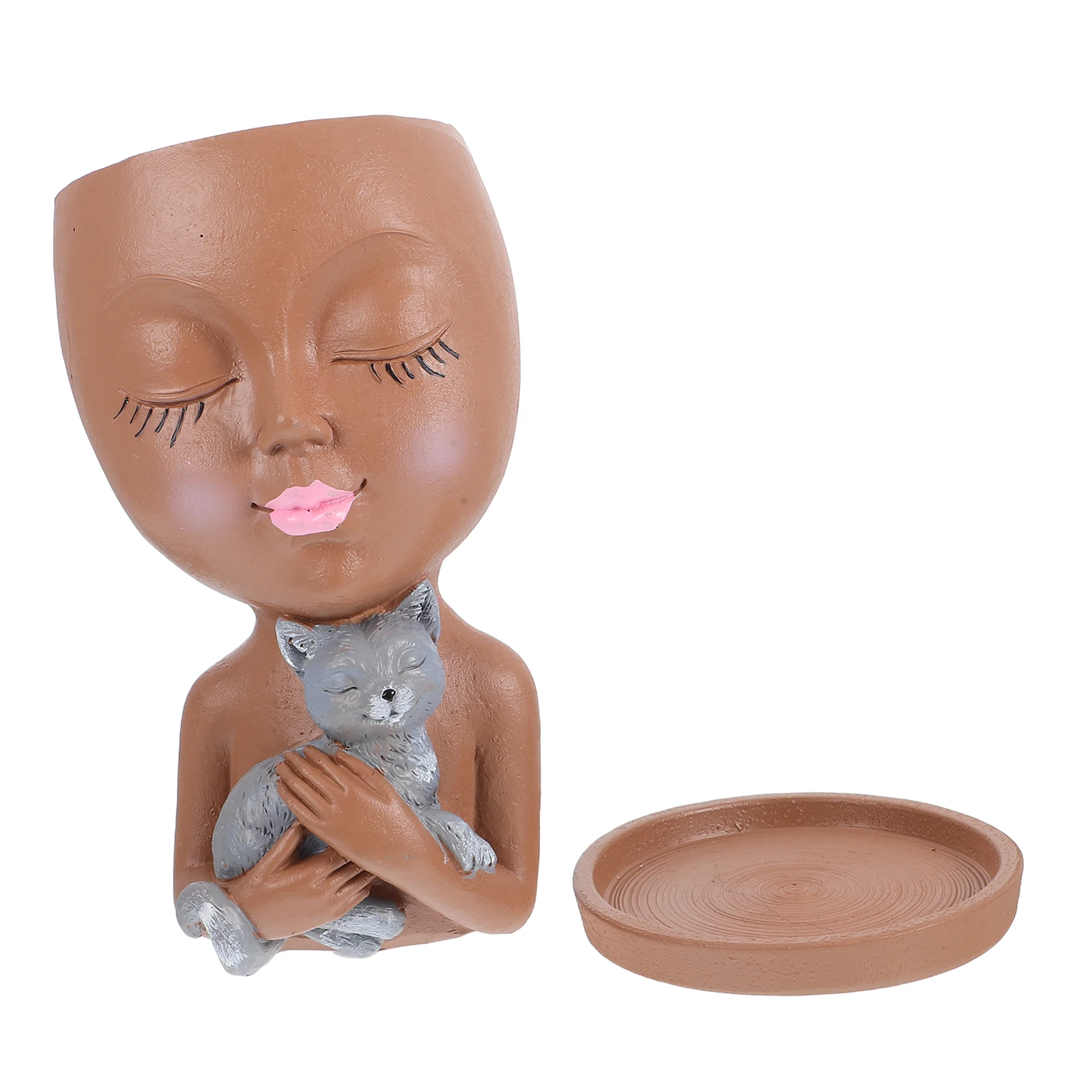 

Face Flower Pot Cat Design Resin Lightweight Drainage Hole Handpainted Girl Theme Succulent Planter Mini Planters