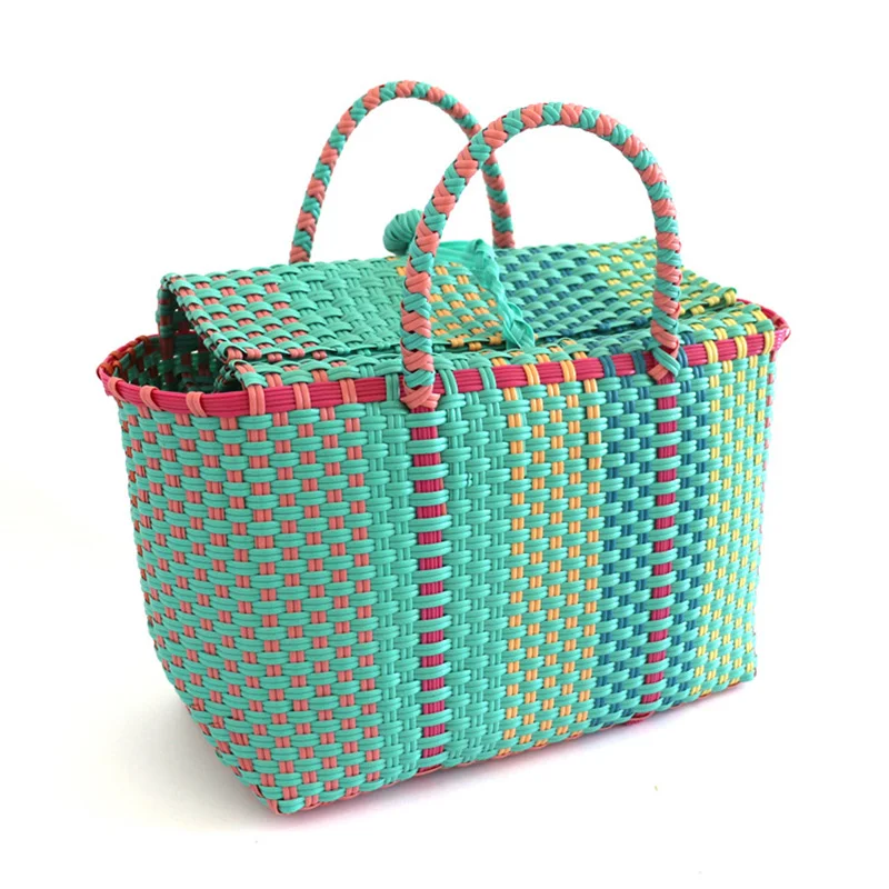 Plastic Woven Women Handbags Summer Straw Beach Bag Fashion Designer Storage Basket Large Capacity Female Tote Bag Shopper Purse