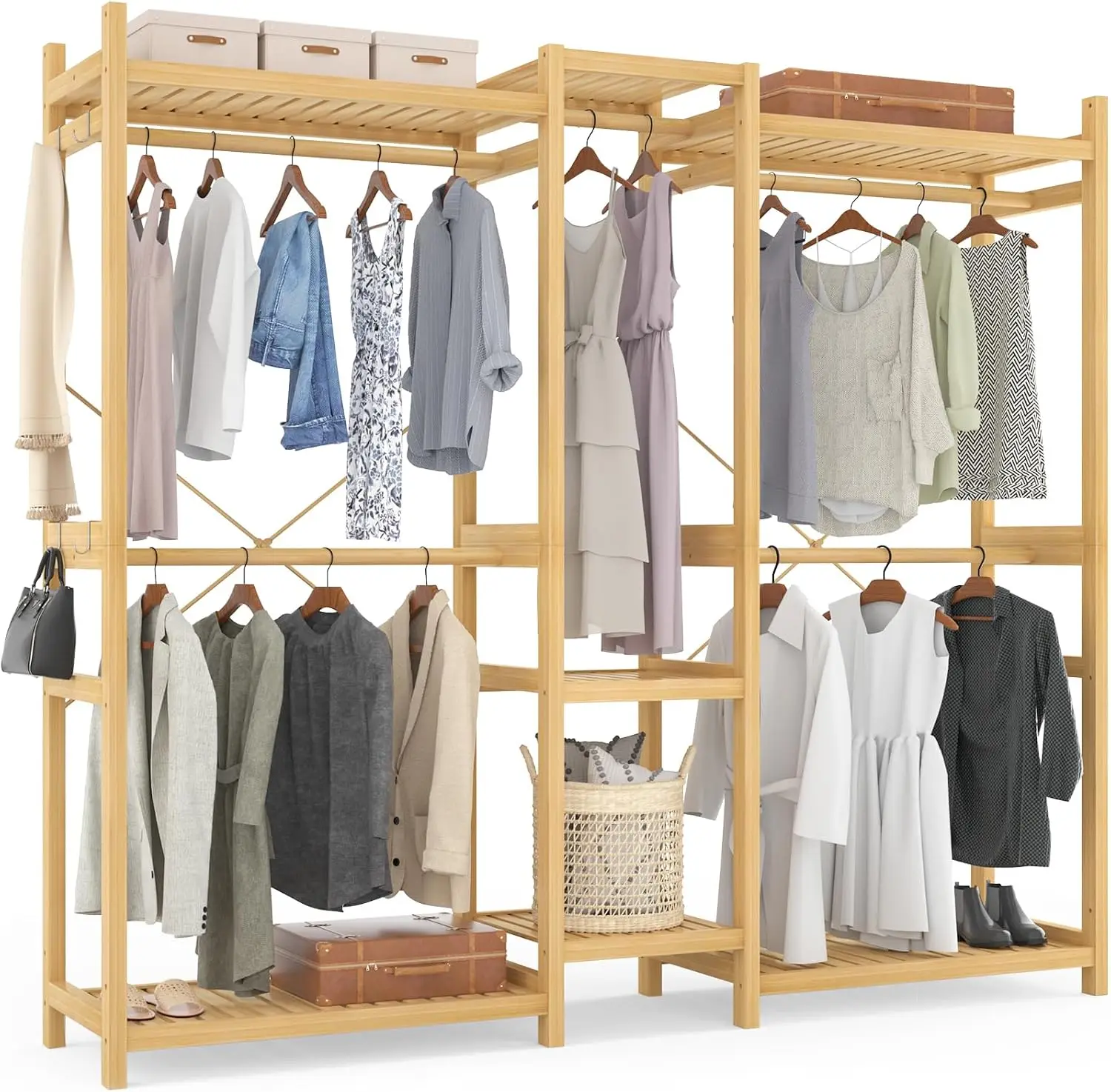 Bamboo Closet System Clothes Rack, Large Freestanding Garment Rack Clothing Rack for Hanging Clothes with 7 Storage Shelves