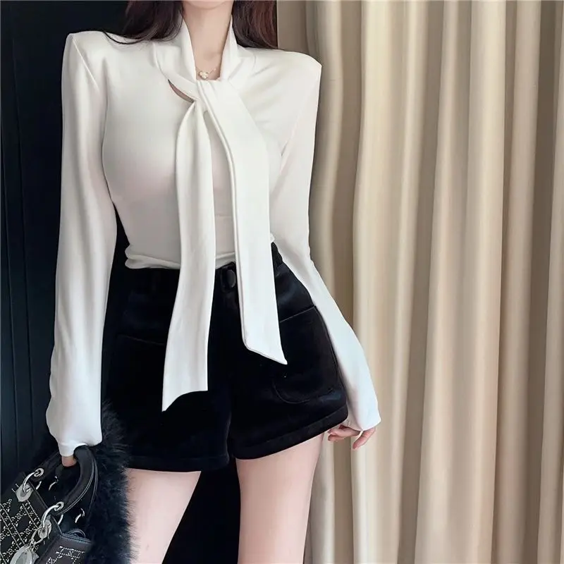 Slim Drawstring Lacing Sexy Tops Women Clothing Spring Autumn Long Sleeve Solid Simplicity Temperament T Shirts Korean Fashion