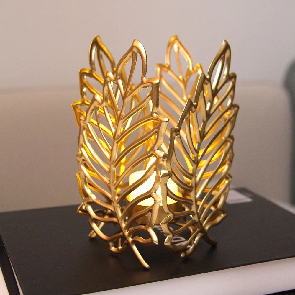 Nordic Golden Leaf Candlestick Home Living Room Wall Ornament Crafts Desktop Candle Holder Decoration Retro Metal Candleholder