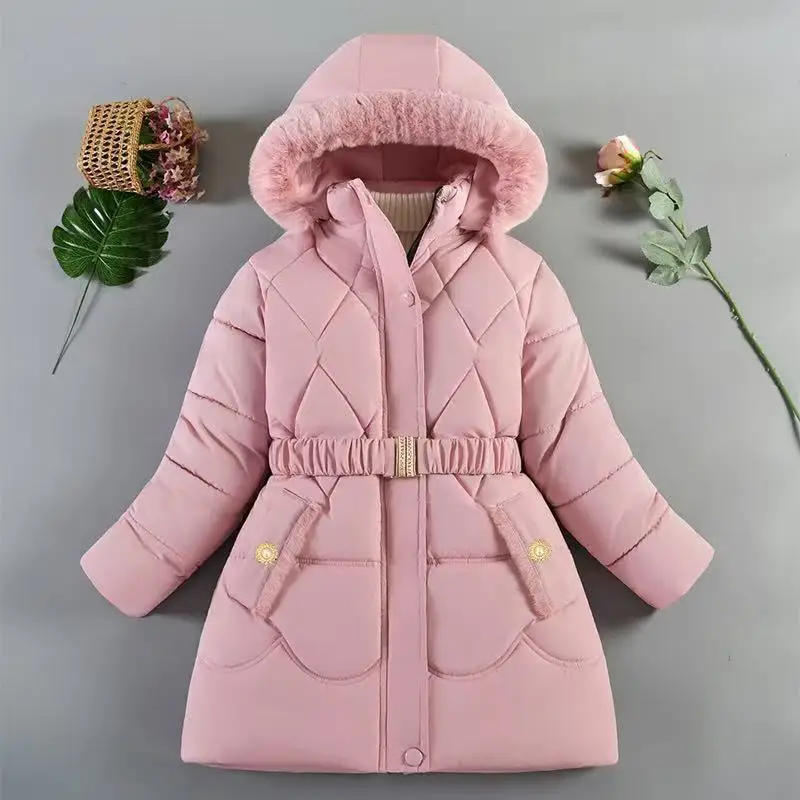 -20°C Winter New Plush Girls Jacket Long Solid Color Plush Padding Hooded Coat For 5-10Y Teen Girls Thick Warm Down Snowsuit