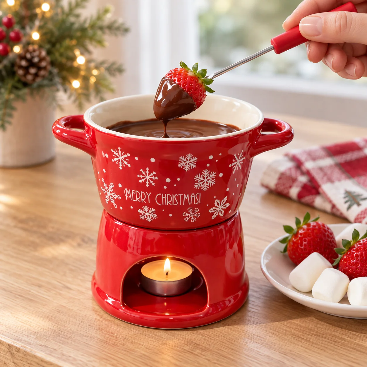 Christmas Ceramic Chocolate Fondue Set 300ml with Fork, Tea Light Warmer Pot for Dessert Dipping, Red or Brown