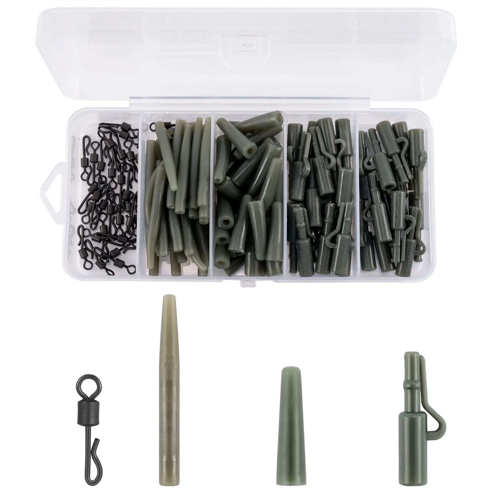 

Carp Fishing Tackle Box Kit,Carp Fishing Rig,Safety Clips,Quick Change Swivels,Tail Rubber,Anti-Tangle Sleeves,120Pcs