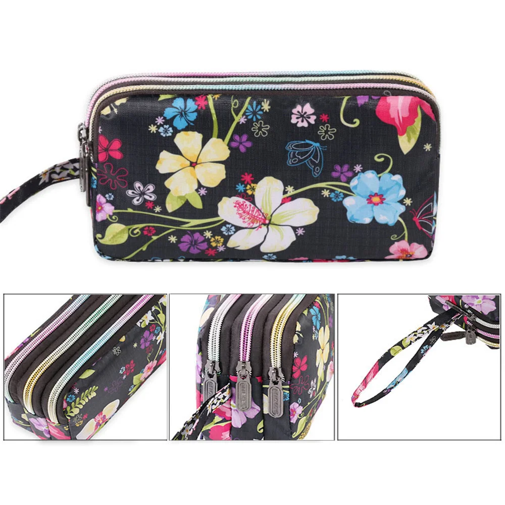 Three-layer Zipper Long Women Waterproof Nylon Colorful Printed Cloth Wristlet Bag Coin Purse Mobile Phone Holder Small Clutch