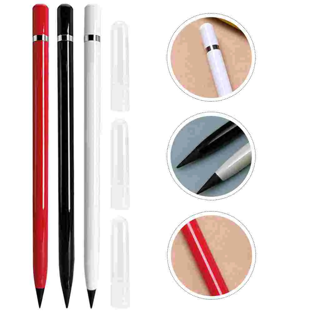 3 Pcs Black Pencils Eternal Pens + Everlasting Replaceable with Eraser Inkless for Kids