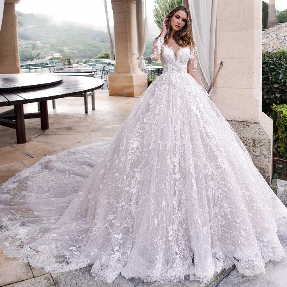 Abiti da sposa eleganti personalizzati Scoop A Line in pizzo Abito da sposa a maniche lunghe con applicazioni principessa Abito da sposa con strascico da cattedrale