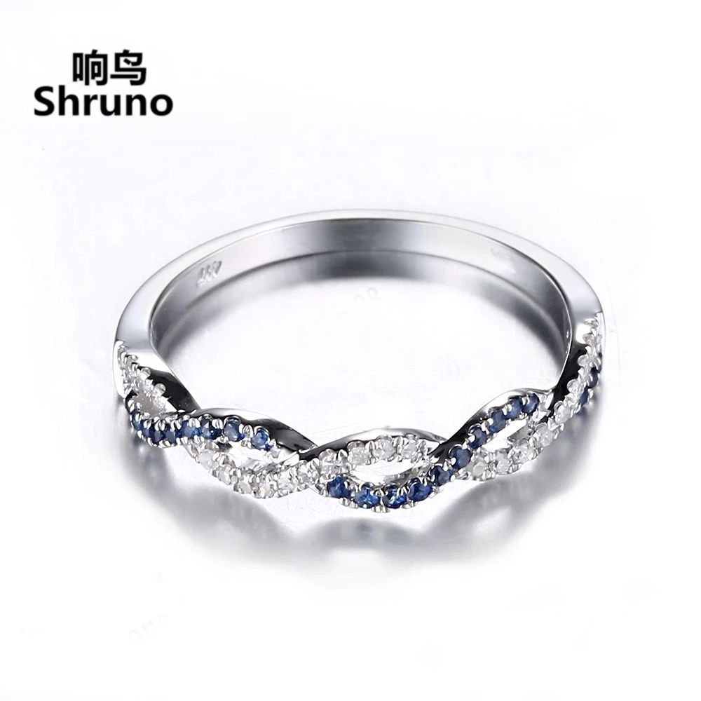 Shruno Solid 14K AU585 White Gold Real Natural Diamond Engagement Ring For Women Sapphires Twisted Wedding Gemstone Jewelry