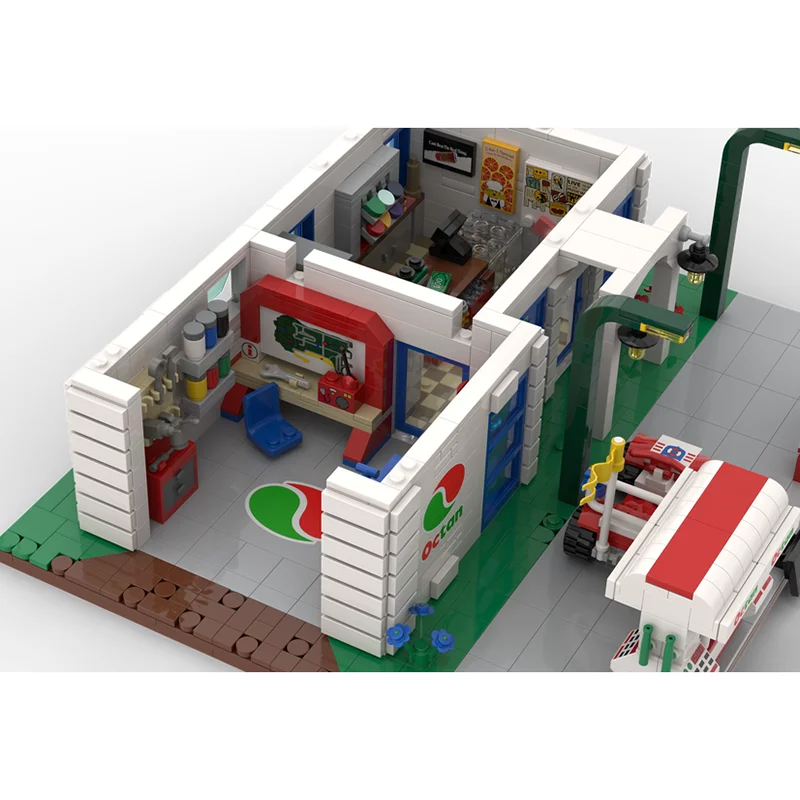 Cidade rua vista modelo moc blocos de construção modular posto de gasolina modelo tecnologia tijolos diy conjunto montagem presente brinquedo do feriado