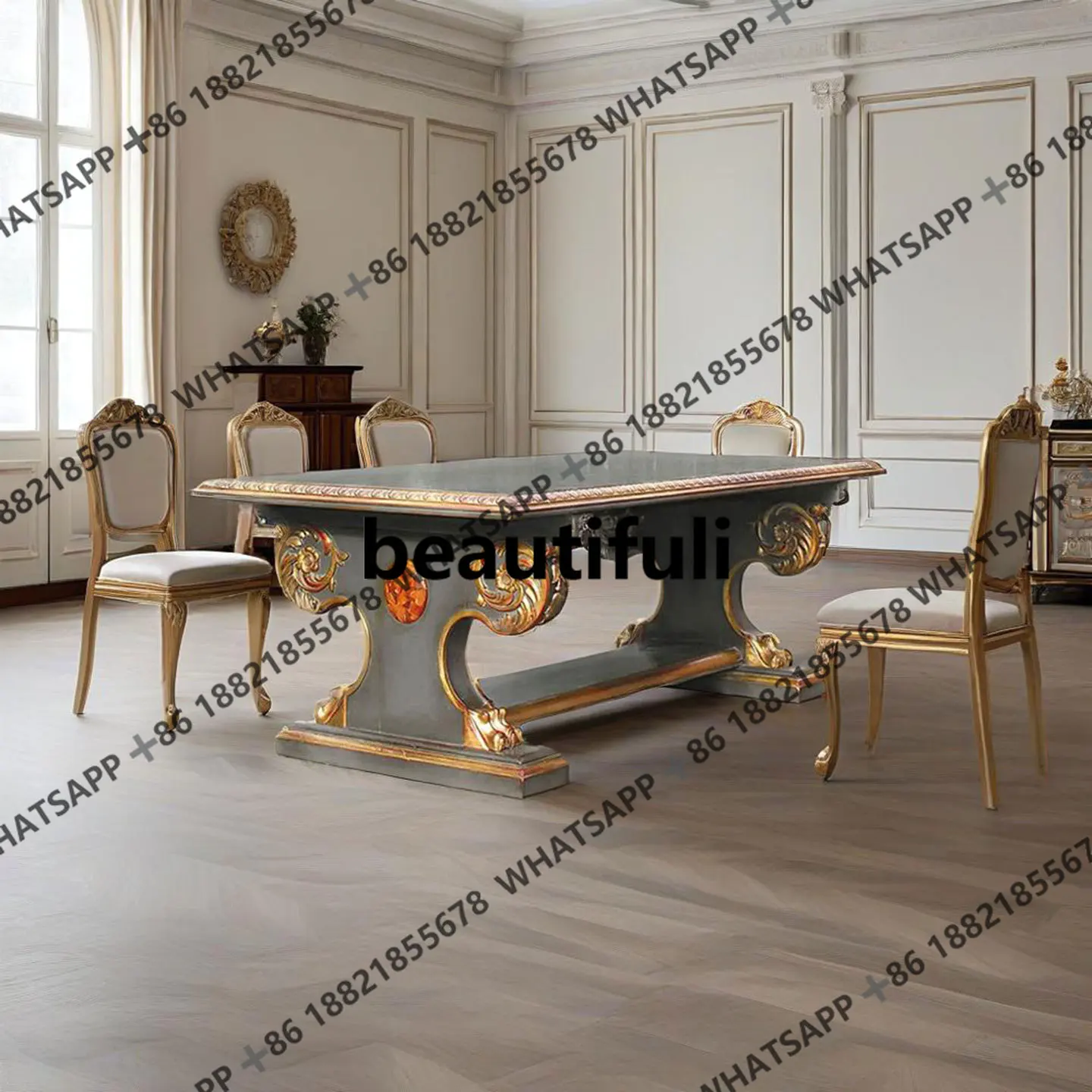 

French retro carved solid wood dining table neoclassical luxury court banquet table villa large apartment