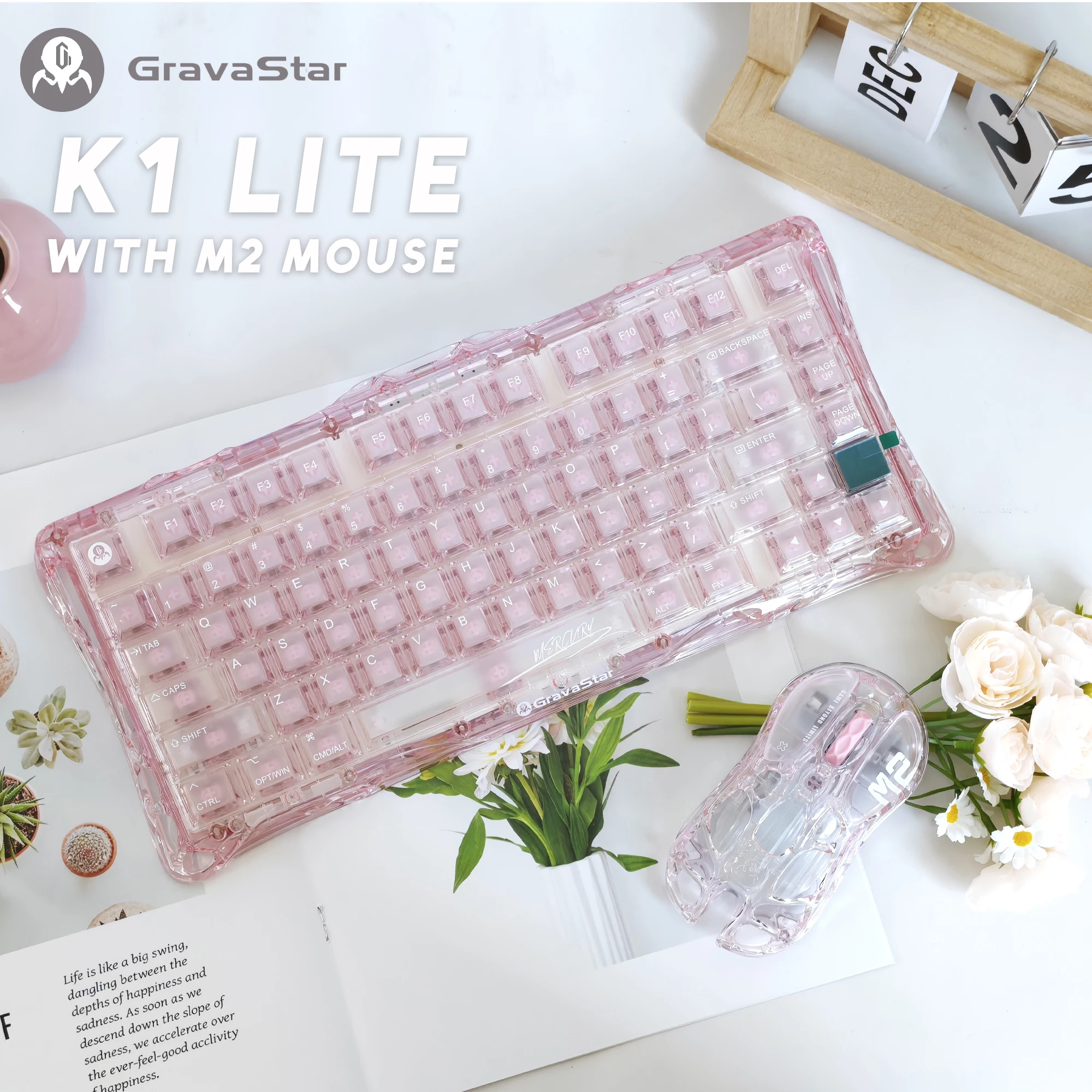 Gravastar Mercury K1 Lite Clear Pink and M2 Pink Mouse Keyboard Set Wireless Gaming Bluetooth 2.4G RGB Mechanical Keyboard Mouse