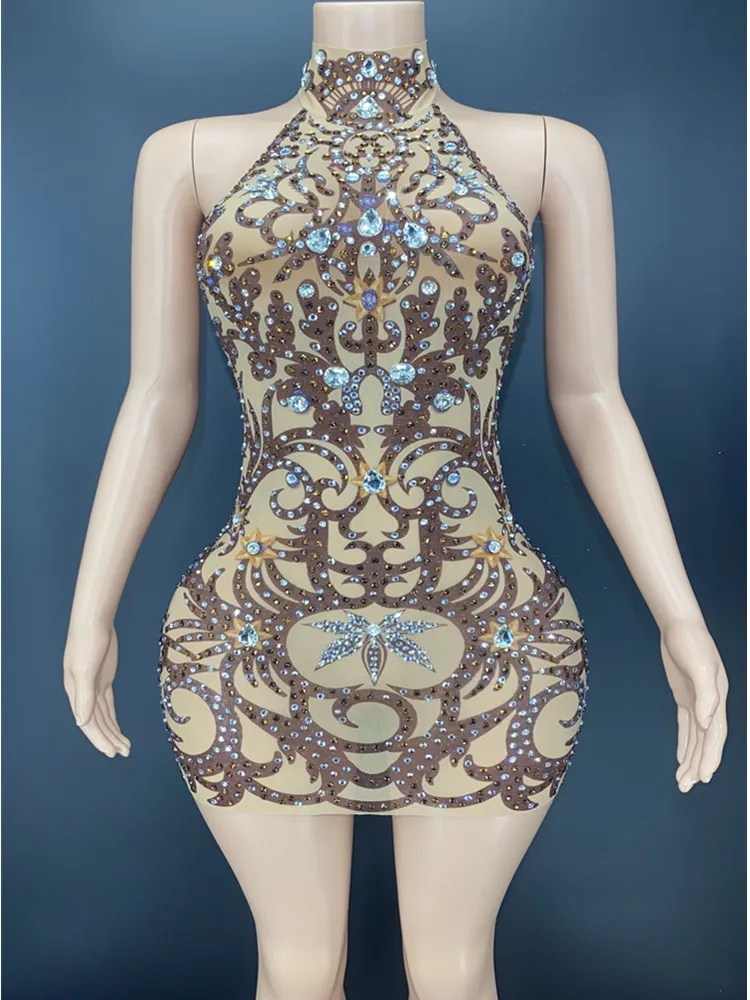 

New Flashing Rhinestone Transparent Pattern Backless Short Dress Birthday Celebrate Sleeveless Costume Women Dancer Prom Outfit