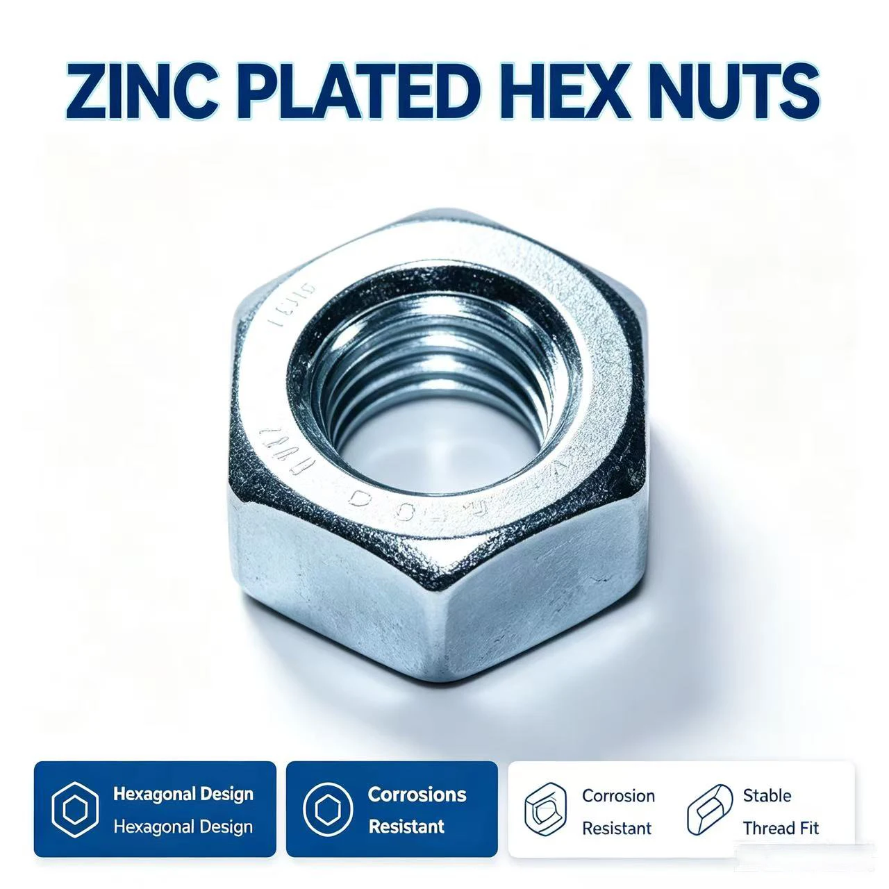 Zinc Plated Hex Nuts, Metric Hexagonal Threaded Fastener Nuts, High Hardness Steel Nuts for Machinery, Furniture use