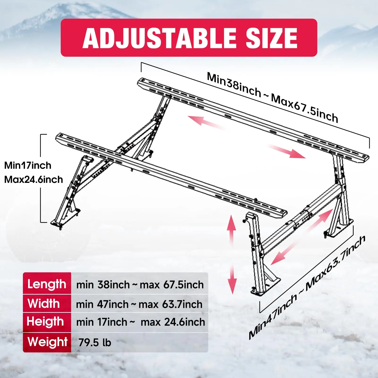 Pickup Trucks Extendable Heavy Duty Truck Ladder Rack With 660lbs Load Capacity Adjustable Truck Ladder Rack For Luggage Carrier