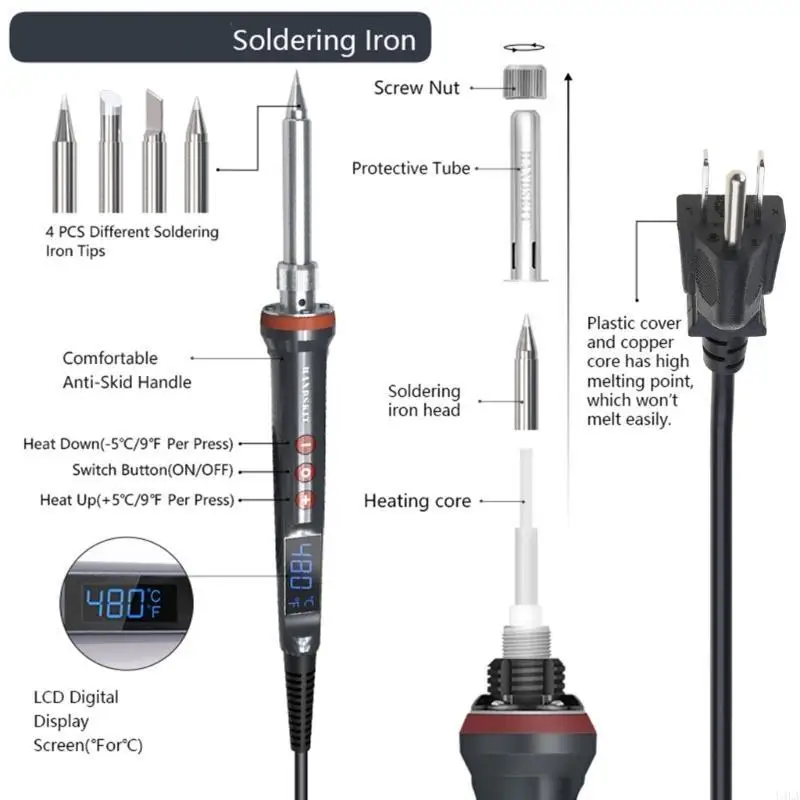 U4LA 200W Soldering Iron Set Temperature Control, Lockable, LED Screen Complete Interchangeable Nozzles for Welding Projects