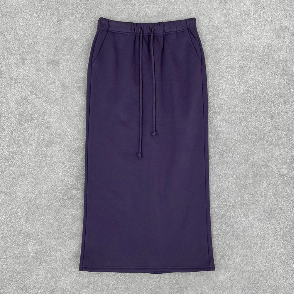 Cotton-Blend Elastic Waist Women's Skirt Back Slit with Tie-Up Waist, Fleece-Lined Straight-Cut Skirt 2025 Winter New Y2k