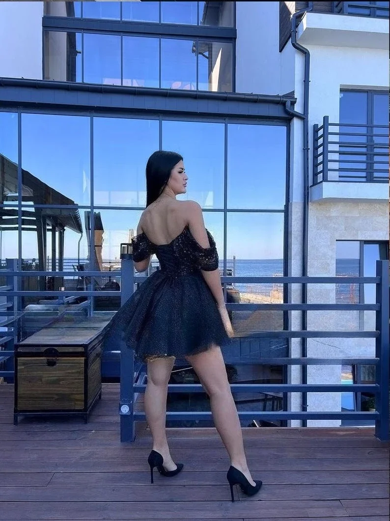 코르셋 반짝이 파티 블랙 칵테일 럭셔리 드레스 볼 가운 이브닝 드레스 도망자 드레스 짧은 웨딩 드레스