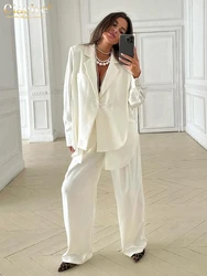 Clacive-Conjunto de pantalón holgado de satén blanco para mujer, Blazer elegante de manga larga con cintura alta y Pantalones anchos, 2 piezas