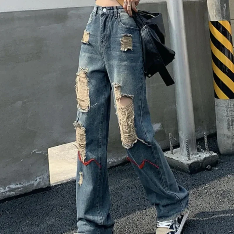 Womens Ripped Jeans High Waist Shot Denim Pants for Women Straight Leg Gyaru Size X Larg Spring Streetwear Xxl R Z Torn Trousers