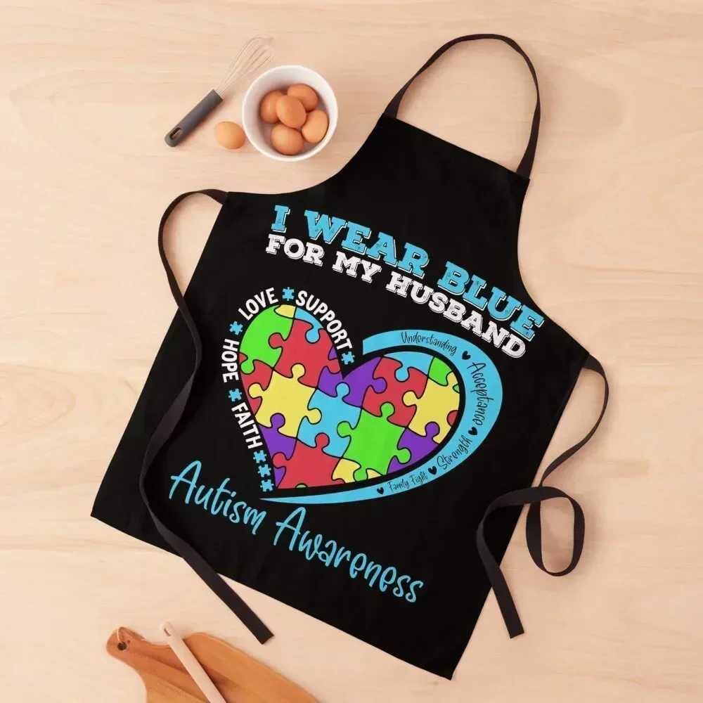 

I Wear Blue For My Husband Autism Awareness Apron Men gift Hairdressing For Men Woman Kitchen Apron