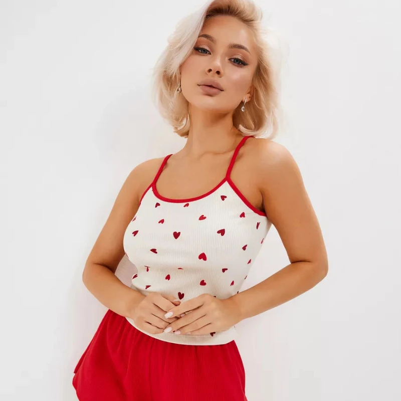Cross-border Printed Pajamas Home Love Suspender Shorts Casual Cute Stretch Pit Strip Women's Home Wear Pijamas Women