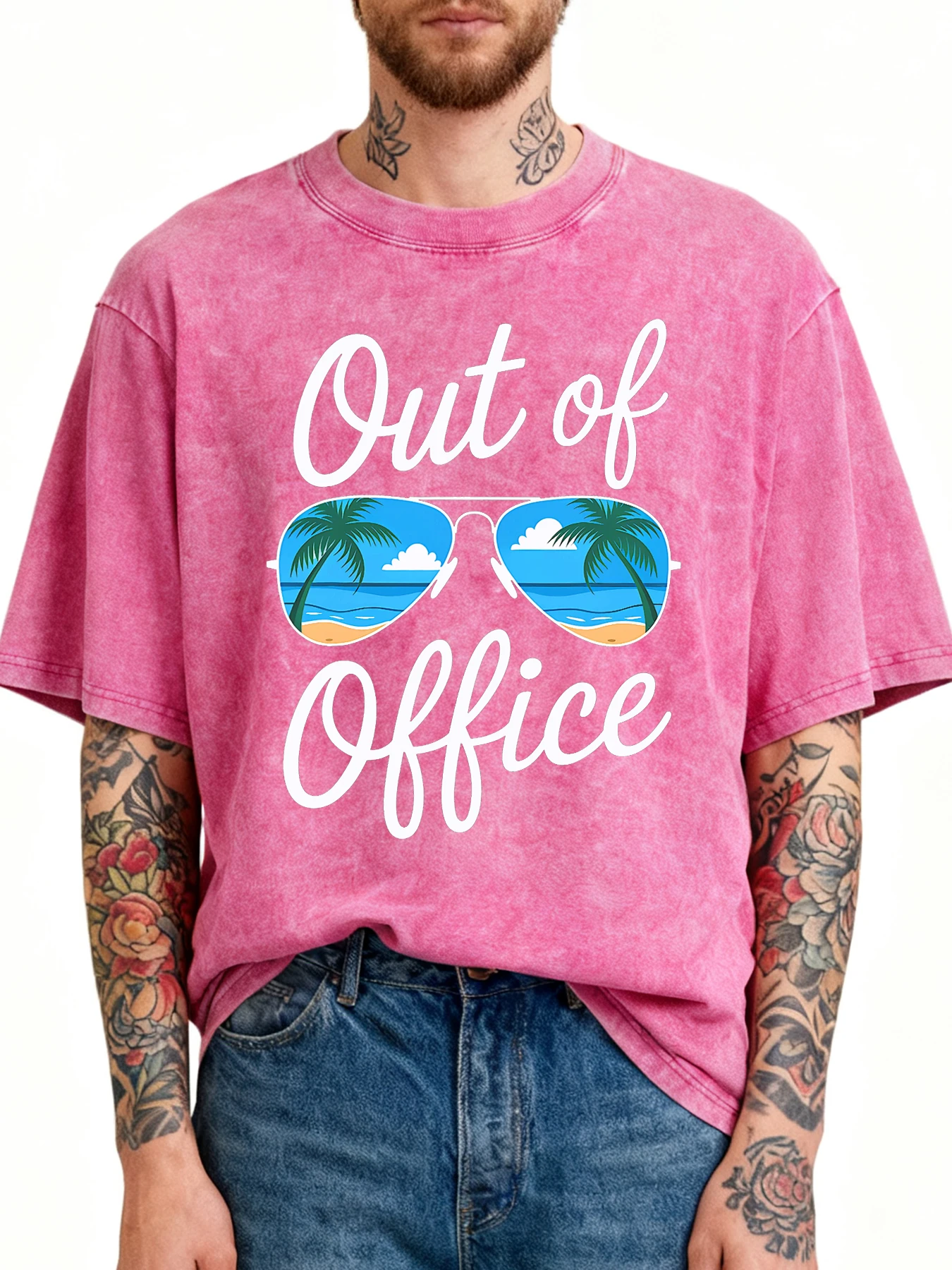 

Out Of Office To Beach Prints Men Daily Washed T-Shirts Summer Casual Short Sleeve Cotton Breathable Top Loose Crewneck T-Shirt