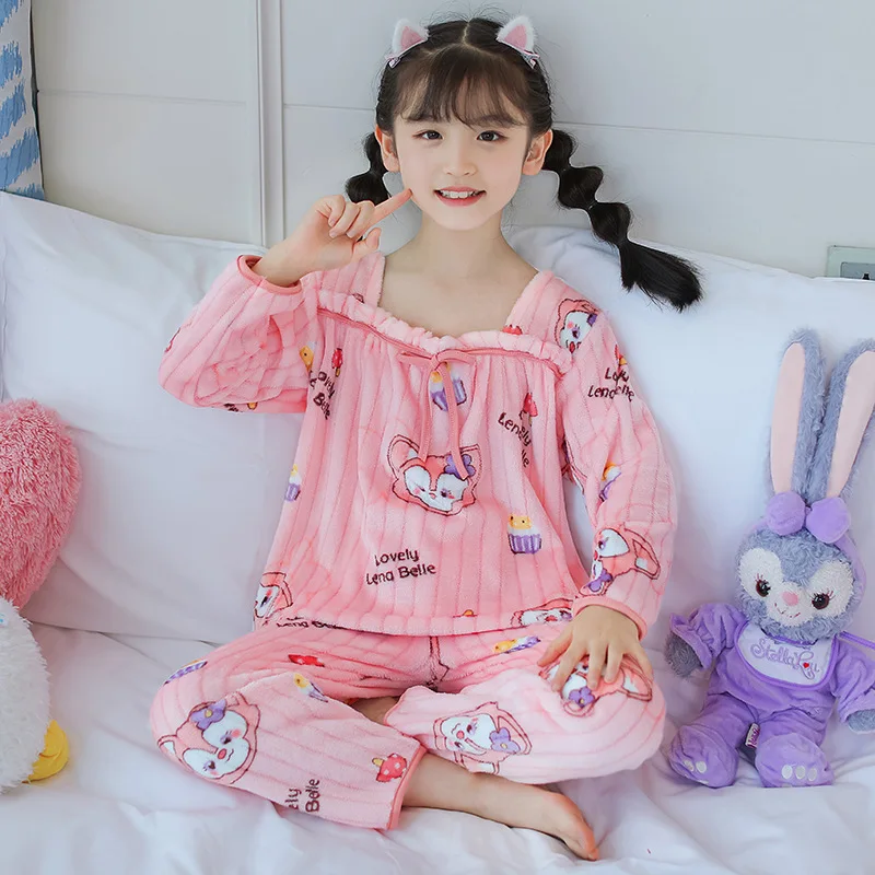 Children Sleepwear Fall Winter Flannel Girl Warm Clothes Suit Sleepwear Children\'s Pyjamas Nightgown Warm Plush Night Clothes